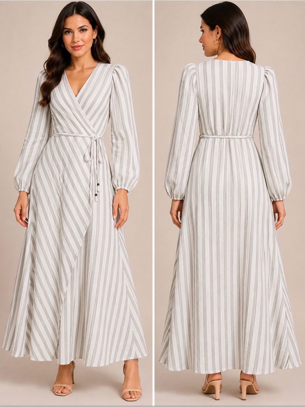 Calvin Klein Cream & Taupe Striped Wrap Blouse